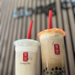 Gongcha - Left-Green Tea milk foam (M) Right-Crème Brulee milk tea w/boba (L)