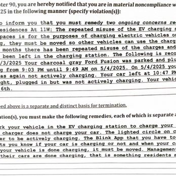 Residences at 11W - Attached is the formal warning they gave me for leaving my EV in the charger overnight. - Apartments Near Me - Portland, Oregon
