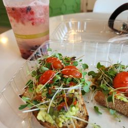 The Joy Bar - Avocado toast with sriracha and a Refresher.
