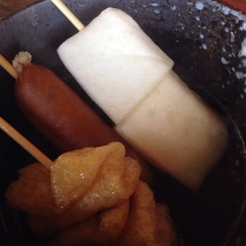 Strings Ramen Shop - Oden: Agetofu, Hanpen, and Kuro Buta Sausage - Ramen Near Me - Chicago, Illinois Strings Ramen Shop - Oden: Agetofu, Hanpen, and Kuro Buta Sausage - Ramen Near Me - Chicago, Illinois