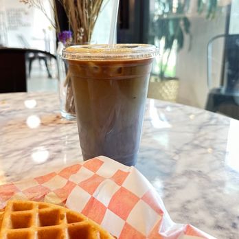 Nirvana Soul Coffee - Mabuhay Ube Latte with Golden Waffle - Coffee & Tea Near Me - Cupertino, California Nirvana Soul Coffee - Mabuhay Ube Latte with Golden Waffle - Coffee & Tea Near Me - Cupertino, California