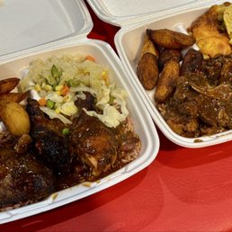 Jerk chicken, oxtail, cabbage, plantains, and mac n' cheese Jerk chicken, oxtail, cabbage, plantains, and mac n' cheese