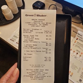 Green Shaker by Ten Ren - receipt - Bubble Tea Near Me - Eastvale, California Green Shaker by Ten Ren - receipt - Bubble Tea Near Me - Eastvale, California
