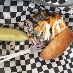 LDI Lobster - Blackened haddock sandwich special with chimichurri slaw and sauces