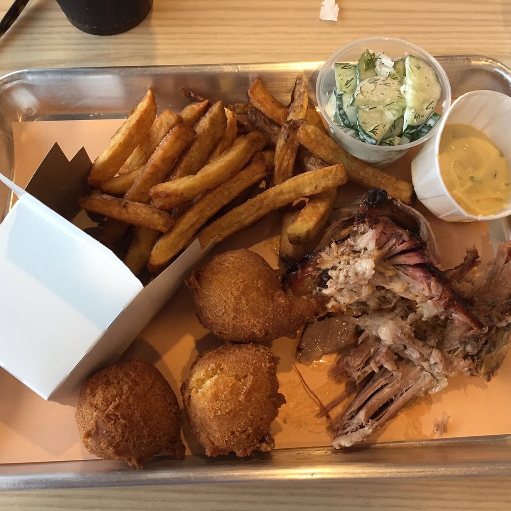 Butchies - Smoked pork shoulder, Baba's cucumber salad, hand cut fries and hushpuppies. Also, the mustard mayo was fantastic! - Salad Near Me - Whitby, Ontario Butchies - Smoked pork shoulder, Baba's cucumber salad, hand cut fries and hushpuppies. Also, the mustard mayo was fantastic! - Salad Near Me - Whitby, Ontario