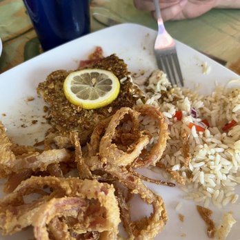 King Neptune Restaurant - Pistachio crusted mahi with THE BEST onion rings ever and citrus rice - Seafood Near Me - Stuart, Florida