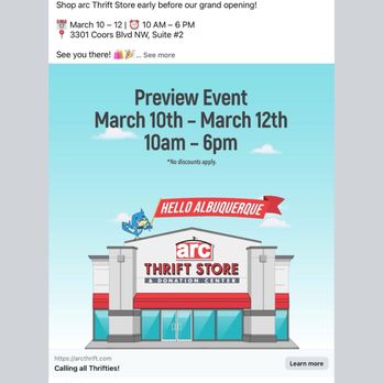 ARC Thrift Stores - A Facebook advertisement for Arc Thrift Stores' preview event from March 10-12, featuring store hours and location details in Albuquerque, NM. - Thrift Stores Near Me - Albuquerque, New Mexico