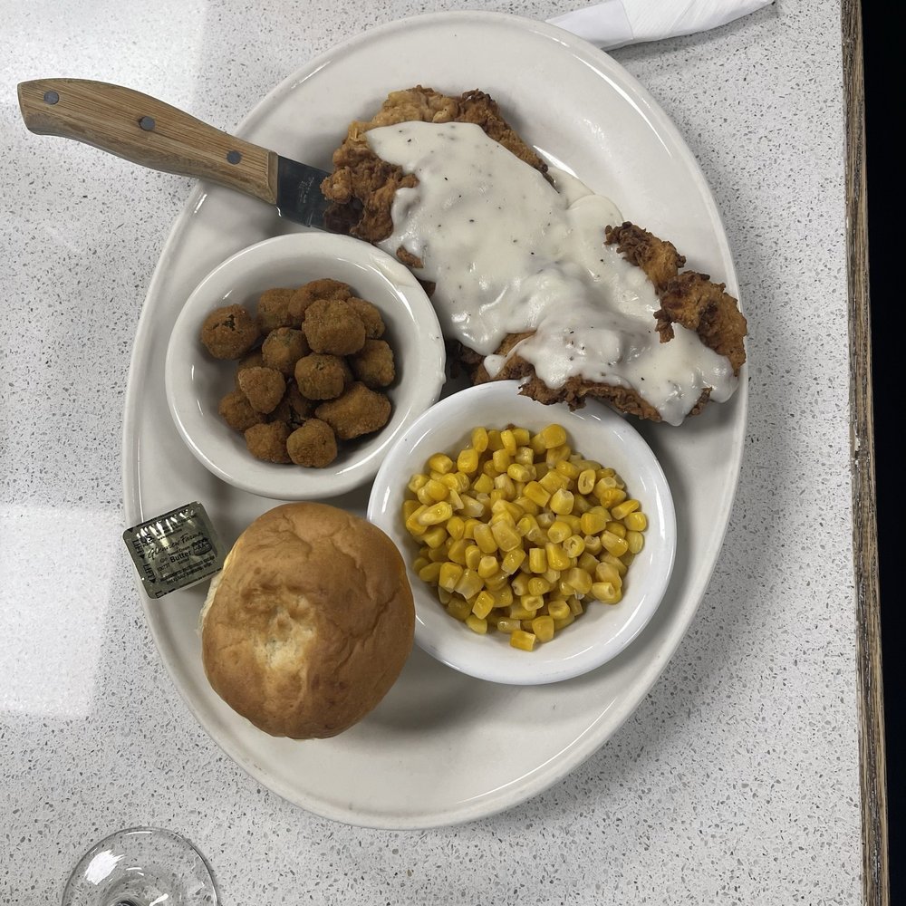 Ale's Kitchen - Chicken fried chicken with gravy, corn and fried okra and a roll. - Breakfast & Brunch Near Me - Midlothian, Texas