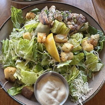 Tap & Barrel - Bridges - Roasted Garlic Caesar Salad with Garlic Chicken (3 stars) - chicken dry. Est. 740 cal, P43g, C17g, F46g - Breakfast & Brunch Near Me - Vancouver, British Columbia