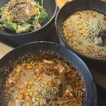 RedWhite - No 8 Red Hot Miso in the bottom, No 3 Original Miso on the right, No 11 Yuzu Vinegar (no soup chilled) on the left! - Ramen Near Me - Studio City, California RedWhite - No 8 Red Hot Miso in the bottom, No 3 Original Miso on the right, No 11 Yuzu Vinegar (no soup chilled) on the left! - Ramen Near Me - Studio City, California