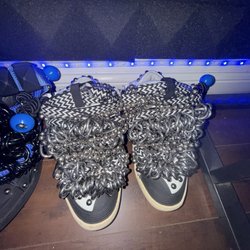 Collaborative Artistic Embellishment Lanvin Curb Sneakers Modifications/Customizations shoelaces, metal-chains, studs,&paint details.