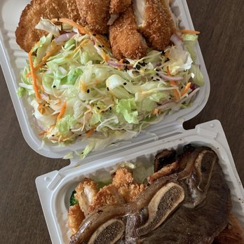 Ono Hawaiian BBQ - Aloha plate with fish and katsu (top) and bbq mix on bottom subbed beef for katsu (bottom) - Hawaiian Near Me - Castro Valley, California Ono Hawaiian BBQ - Aloha plate with fish and katsu (top) and bbq mix on bottom subbed beef for katsu (bottom) - Hawaiian Near Me - Castro Valley, California
