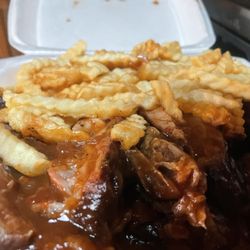 Exsenator's BBQ - Rib tips, fries, (bread- not in picture)