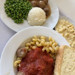 Swedish meatball plate, penne pasta, side of Mac and cheese