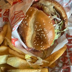 Pig Out Tavern Double burger with fries.