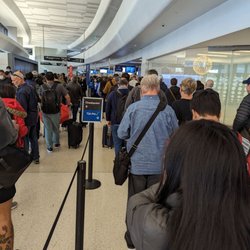 San Francisco International Airport - Terminal 3 E - TSA PreCheck line inside Terminal 3, right outside Boarding Area E. Looks long, but only took about 6 minutes.