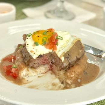 Mariposa - Inside closer look of da Loco Moco.  Really thick patty, and it's juicy!  Da gravy is goooood toooo! - New American Near Me - Honolulu, Hawaii