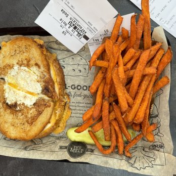 The Melt - egg in a hole with sweet potato fries - New American Near Me - Irvine, California The Melt - egg in a hole with sweet potato fries - New American Near Me - Irvine, California