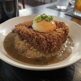 Little Plum - Menchi Katsu (hamburger katsu over rice with mushroom gravy and topped with an onsen egg) - Asian Fusion Near Me - Honolulu, Hawaii