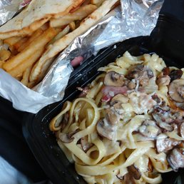 Chicken souvlaki wrap and carbonara
