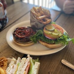 Vista Village Pub - Club sandwich and a burger