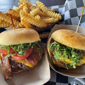 Al's Burger Shack - Sean's bacon cheddar burger and a classic cheeseburger with crinkle fries. - Burgers Near Me - Chapel Hill, North Carolina Al's Burger Shack - Sean's bacon cheddar burger and a classic cheeseburger with crinkle fries. - Burgers Near Me - Chapel Hill, North Carolina