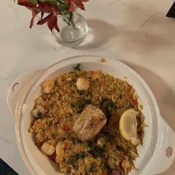 Rouj Creole - Pescado & Paella (yes that's a very tiny serving of salmon) - Cajun/Creole Near Me - Baton Rouge, Louisiana Rouj Creole - Pescado & Paella (yes that's a very tiny serving of salmon) - Cajun/Creole Near Me - Baton Rouge, Louisiana
