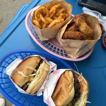 Jeffs' Beach Burgers - 1/4 lb cheeseburger and 1/2 lb el jefe burger, sides of curly fries and onion rings ($32 total) - Burgers Near Me - San Diego, California Jeffs' Beach Burgers - 1/4 lb cheeseburger and 1/2 lb el jefe burger, sides of curly fries and onion rings ($32 total) - Burgers Near Me - San Diego, California