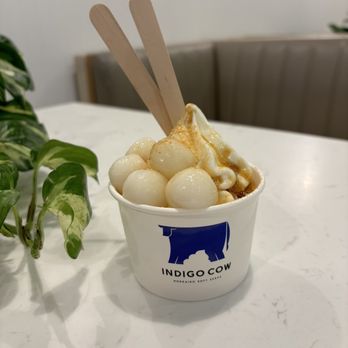 Indigo Cow - classic milk flavor soft serve with brown sugar and mochi topping - Ice Cream & Frozen Yogurt Near Me - Bellevue, Washington Indigo Cow - classic milk flavor soft serve with brown sugar and mochi topping - Ice Cream & Frozen Yogurt Near Me - Bellevue, Washington