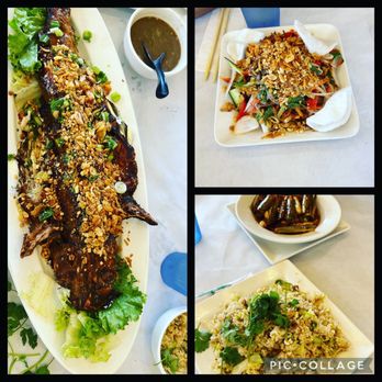 Bien Hen Restaurant - Medium grilled catfish, razor clams, salted fish fried rice and grilled beef salad. - Seafood Near Me - Westminster, California Bien Hen Restaurant - Medium grilled catfish, razor clams, salted fish fried rice and grilled beef salad. - Seafood Near Me - Westminster, California