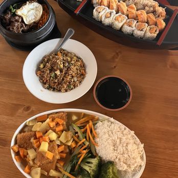 Joa Joa Sushi - tofu curry + vegetable fried rice + beef bi bim bap sushi: spicy salmon + sunkist + Q roll - Sushi Bars Near Me - Vails Gate, New York