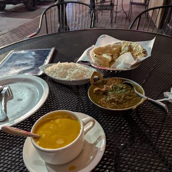 Njoy Curry Masala - Lentil soup, Chicken Gongura, and a Naan bread with basmati rice. - Indian Near Me - Lafayette, Louisiana
