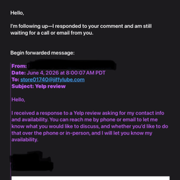 Emails to Jiffy Lube with no responses.