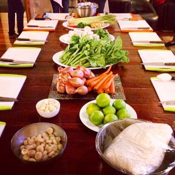 Thai Cooking With Sunshine - Table for cutting and preparing shrimp tom yum soup and pad see ew chicken. February 7, 2015. - Cooking Schools Near Me - San Francisco, California Thai Cooking With Sunshine - Table for cutting and preparing shrimp tom yum soup and pad see ew chicken. February 7, 2015. - Cooking Schools Near Me - San Francisco, California