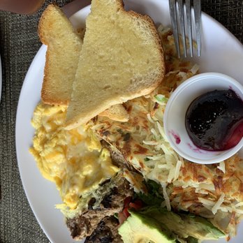 Cafe Lush - The egg plate with avocado, hash browns, turkey sausage with green chilies, toast and blueberry jam - Cafes Near Me - Albuquerque, New Mexico Cafe Lush - The egg plate with avocado, hash browns, turkey sausage with green chilies, toast and blueberry jam - Cafes Near Me - Albuquerque, New Mexico
