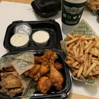 Wingstop - Lemon pepper and mango habanero wings, large fries, two bleu cheese dips and a Dr. Pepper. - Chicken Wings Near Me - Burbank, California Wingstop - Lemon pepper and mango habanero wings, large fries, two bleu cheese dips and a Dr. Pepper. - Chicken Wings Near Me - Burbank, California