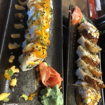 Maya Sushi - To the right, the Bulldog Roll, and to the left, the 5 Wishes Roll. Both wonderful. - Sushi Bars Near Me - Fresno, California Maya Sushi - To the right, the Bulldog Roll, and to the left, the 5 Wishes Roll. Both wonderful. - Sushi Bars Near Me - Fresno, California