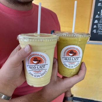 Mas Cafe - Pinneapple Pina Colda Smoothie (left) & mango mojito smoothie (right). Both are AMAZING! - Coffee & Tea Near Me - Seattle, Washington Mas Cafe - Pinneapple Pina Colda Smoothie (left) & mango mojito smoothie (right). Both are AMAZING! - Coffee & Tea Near Me - Seattle, Washington