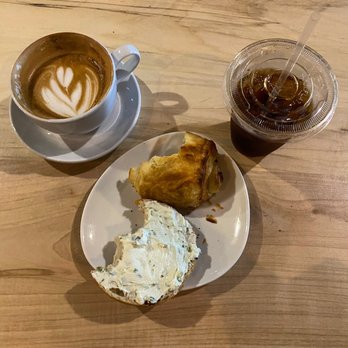 Cellar's Market - Latte, cold brew, chocolate croissant, half of an everything bagel with chive cream cheese. Had to taste before taking a photo! - Breakfast & Brunch Near Me - Bargersville, Indiana Cellar's Market - Latte, cold brew, chocolate croissant, half of an everything bagel with chive cream cheese. Had to taste before taking a photo! - Breakfast & Brunch Near Me - Bargersville, Indiana