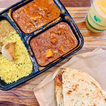 Curry Up Now Indian Restaurant & Catering - Death By Tikka Masala Thali Mango Lassi Burnt chili Garlic Kulcha Naan - Indian Near Me - Palo Alto, California