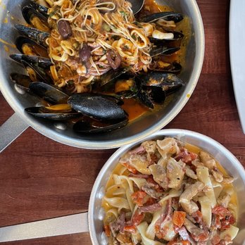 Carmelina's - Calamari and Mussels pasta Crazy Alfredo - Italian Near Me - Boston, Massachusetts