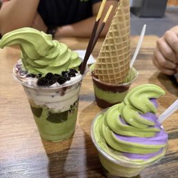 matcha parfait, matcha ube swirl, and matcha with red bean and waffle cone matcha parfait, matcha ube swirl, and matcha with red bean and waffle cone