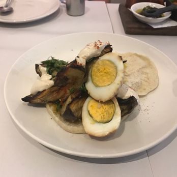 Honey & Co. - sabich (£9.50) - roasted marinated mauve aubergine, tahini & dinosaur egg on homemade pitta - Middle Eastern Near Me - London, XGL