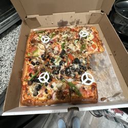 Bella Pizza Cafe - BELLA PIZZA CAFE Sicilian Square Pizza with the WORKS, plus black olives
