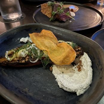 Jun - Sweet potato ($17)-- with labneh, pickled fennel, dill-- sweet, salty, and a little sour, enjoyed this one :) - New American Near Me - Houston, Texas