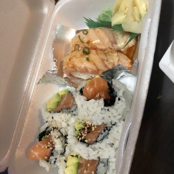 Sushi U - salmon avocado roll and 2 aburi salmon nigiri - Japanese Near Me - Burnaby, British Columbia