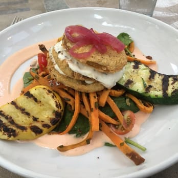 Corner Kitchen - Fried green tomato stack with goat cheese over sweet potato salad. - Breakfast & Brunch Near Me - Asheville, North Carolina