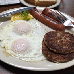 Eggs, sausage patties, and "smoked sausage". Eggs, sausage patties, and "smoked sausage".