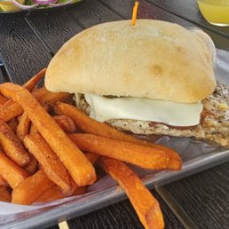 Chicken bacon avocado sandwich with sweet potato fries. Both were delish Chicken bacon avocado sandwich with sweet potato fries. Both were delish