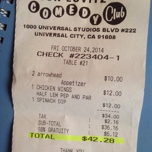 Photo of The Jon Lovitz Comedy Club - Universal City, CA, United States. $42 dollars for two bottled waters, cheap appetizers, AND 18% gratuity for bringing food to our tables